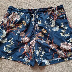Navy Blue Flowery Swimming Trunks
